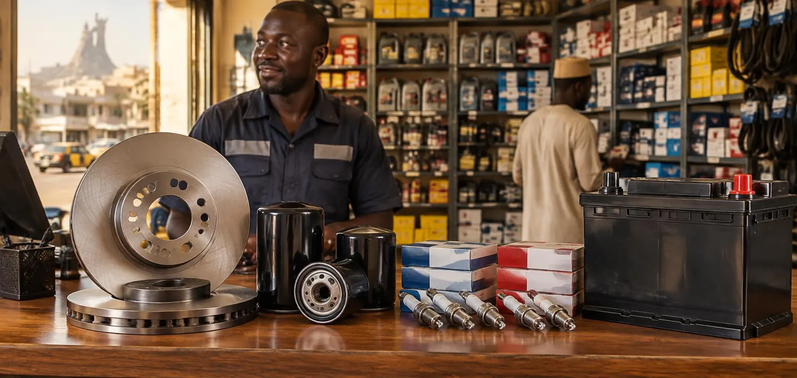 Disques de frein, filtres et batteries sur un comptoir de pièces auto à Dakar